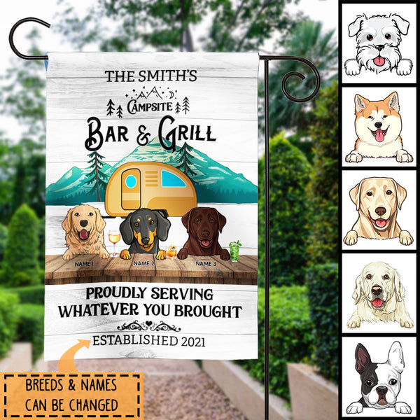 Campsite Bar & Grill Proudly Serving Whatever You Brought, Yellow Truck Camper, Personalized Dog Breeds Garden Flag