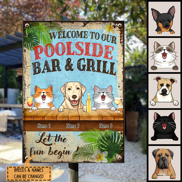 Welcome To Our Poolside Bar & Grill, Hawaii Style Sign, Personalized Dog & Cat Metal Sign, Gifts For Pet Lovers