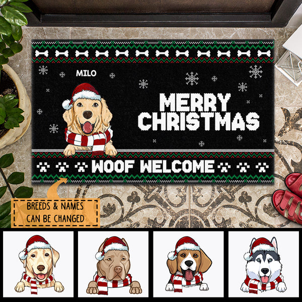 Merry Christmas Woof Welcome, Brocade Doormat, Personalized Dog Breeds Doormat, Christmas Home Decor, Dog Lovers Gifts