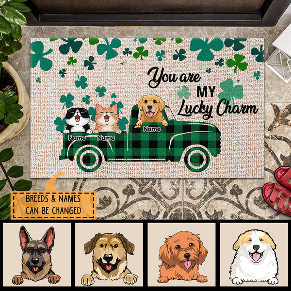 Personalized Dog & Cat Doormat, St. Patrick Day Home Decor, Gifts For Pet Lovers, Your Are My Lucky Charm Plaid Truck