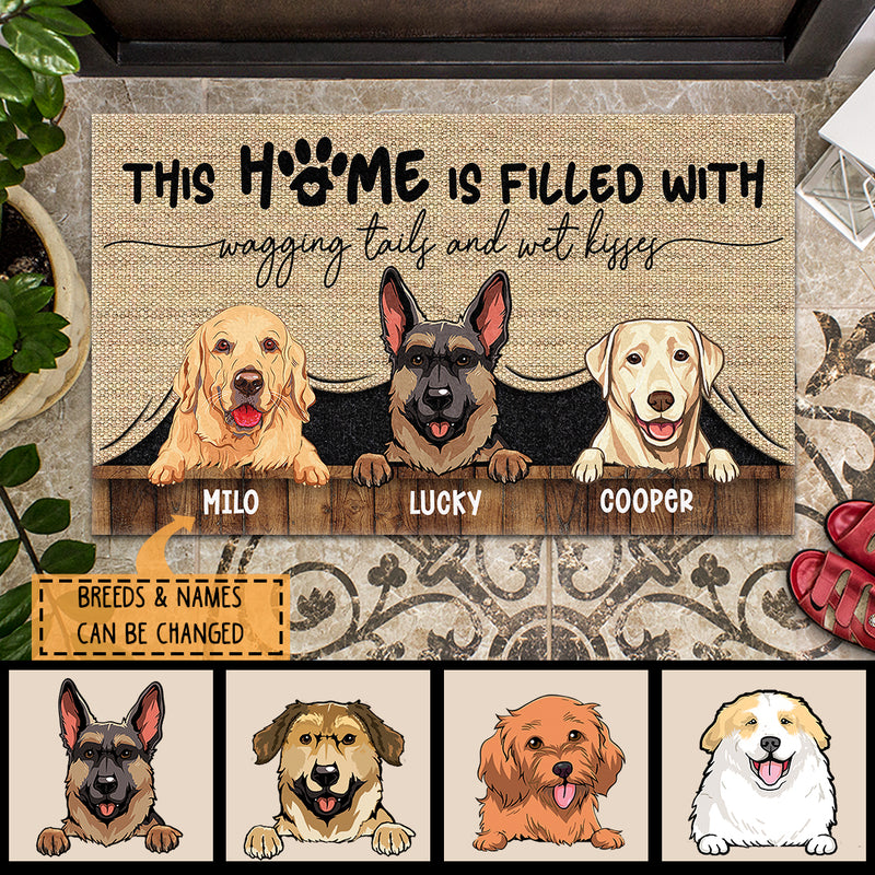 This Home Is Filled With Wagging Tails And Wet Kisses, Dog Peeking From Curtain, Personalized Dog Breeds Doormat