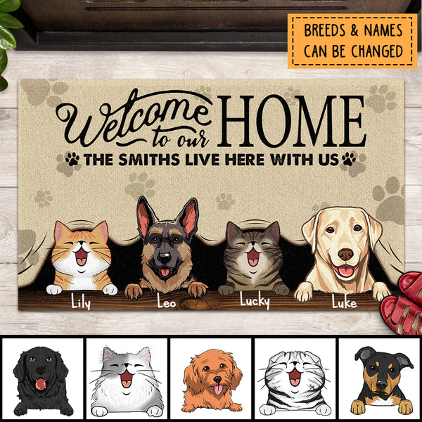 Welcome To Our Home The Humans Just Live Here With Us, Personalized Dog & Cat Doormat, Pet Lovers Gifts