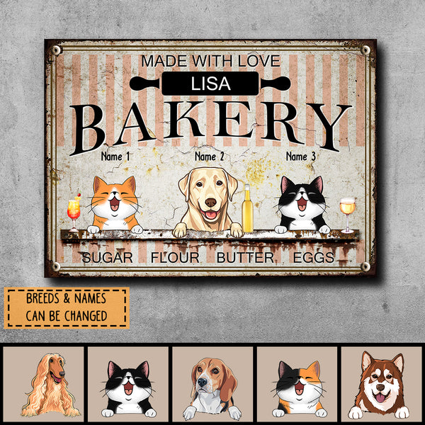 Metal Bakery Sign, Gifts For Pet Lovers, Made With Love Sugar Flour Butter Eggs Personalized Metal Signs