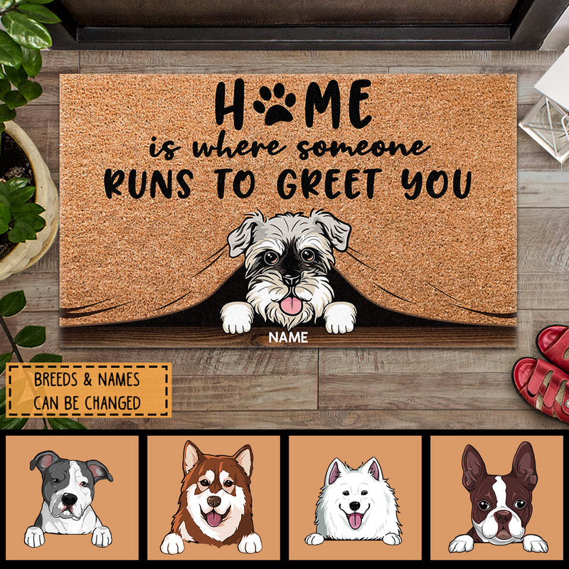 Home Is Where Someone Runs To Greet You, Dog Peeking From Curtain, Personalized Dog Breeds Doormat, Home Decor