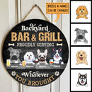 Backyard Bar & Grill Proudly Serving Whatever You Brought, Dark Rustic Door Hanger, Personalized Dog Breeds Door Sign
