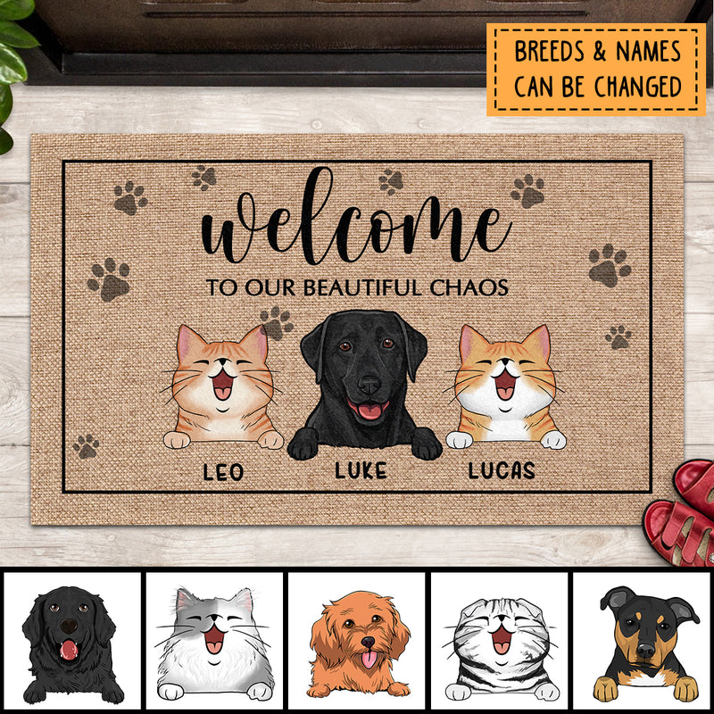 Welcome To Our Beautiful Chaos, Pawprint Doormat, Personalized Dog & Cat Doormat, Gifts For Pet Lovers