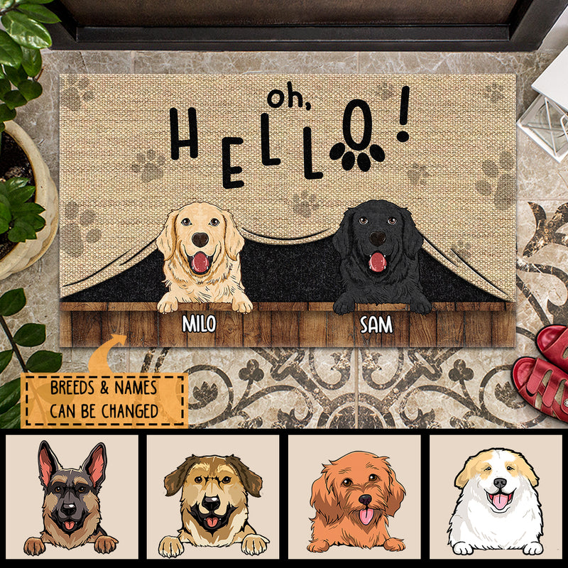 Oh Hello, Dog Peeking From Curtain, Personalized Dog Breeds Doormat, Home Decor, Gifts For Dog Lovers