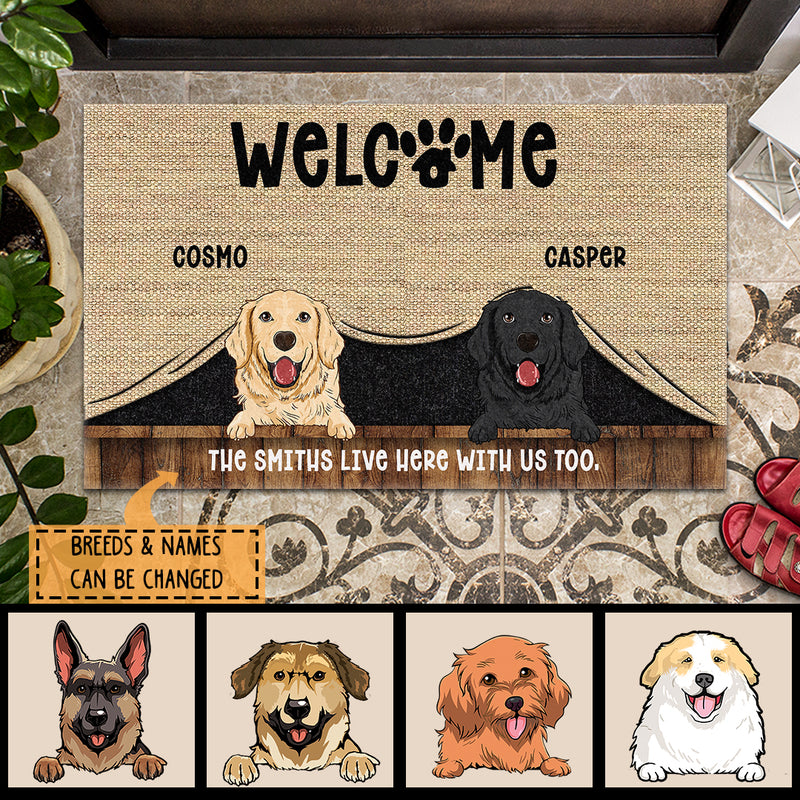 Welcome The Humans Live Here With Us Too, Dog Peeking From Curtain, Personalized Dog Breeds Doormat, Dog Lovers Gifts