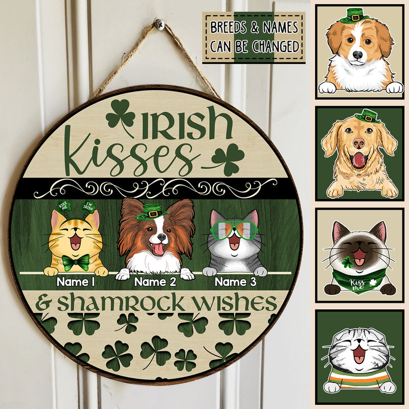 St. Patrick's Day Personalized Wood Sign, Gifts For Pet Lovers, Irish Kisses Shamrock Wishes Custom Wooden Signs
