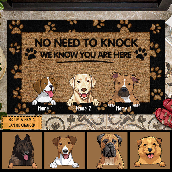 No Need To Knock We Know You Are Here, Black Doormat, Personalized Dog Breeds Doormat, Home Decor, Gifts For Dog Lovers