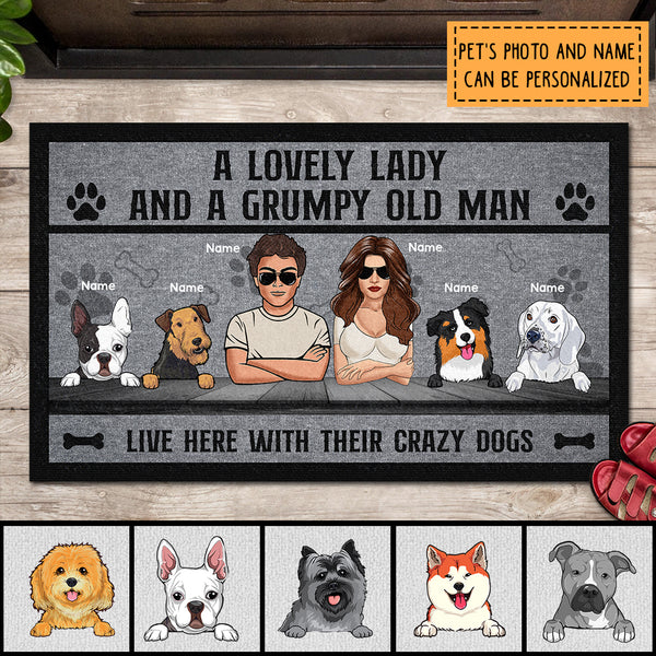 A Lovely Lady And A Grumpy Old Man Live Here With Their Crazy Dogs, Personalized Dog Breeds Doormat, Dog Lovers Gifts