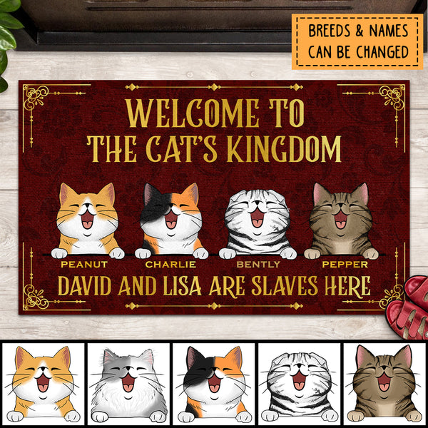 Welcome To The Cat's Kingdom The Humans Are Slaves Here, Red & Yellow Doormat, Personalized Cat Breeds Doormat