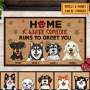 Home Is Where Someone Runs To Greet You, Pawprints Doormat, Personalized Dog Breeds Doormat, Gifts For Dog Lovers