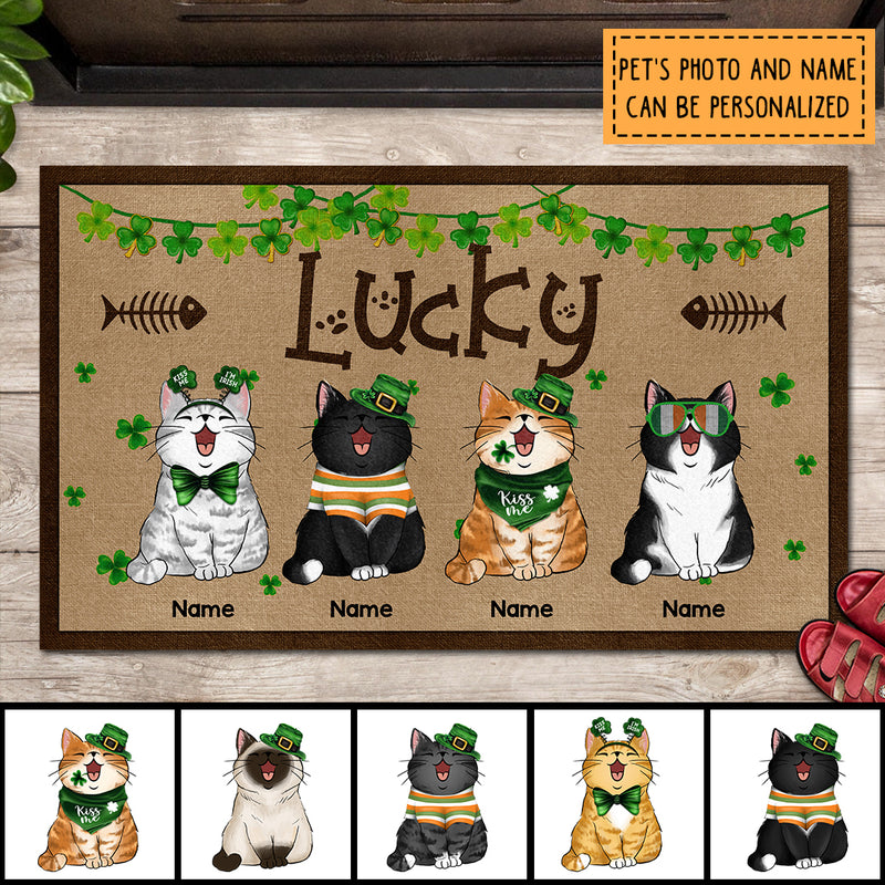Lucky, Fish Bone & Shamrock Doormat, Personalized Cat Breeds Doormat, St. Patrick Day Home Decor, Gifts For Cat Lovers