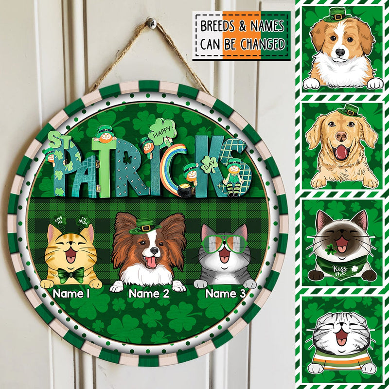 Happy St. Patrick's Day, Green Plaid Door Hanger, Personalized Dog & Cat Door Sign, Front Door Decor, Pet Lovers Gifts