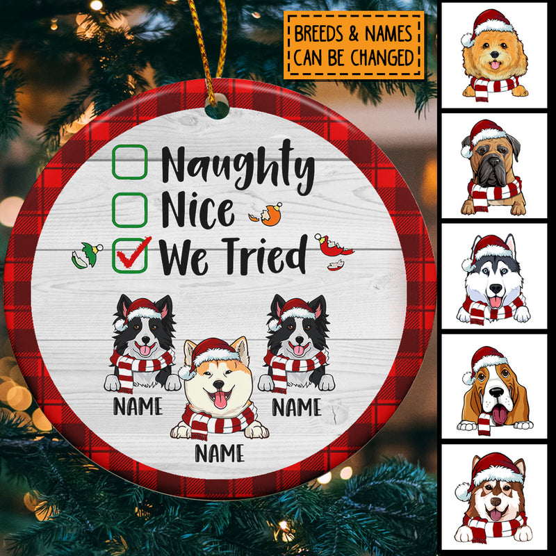 Naughty Nice We Tried, Buffalo Plaid Circle Ceramic Ornament, Personalized Christmas Dog Breeds Ornament