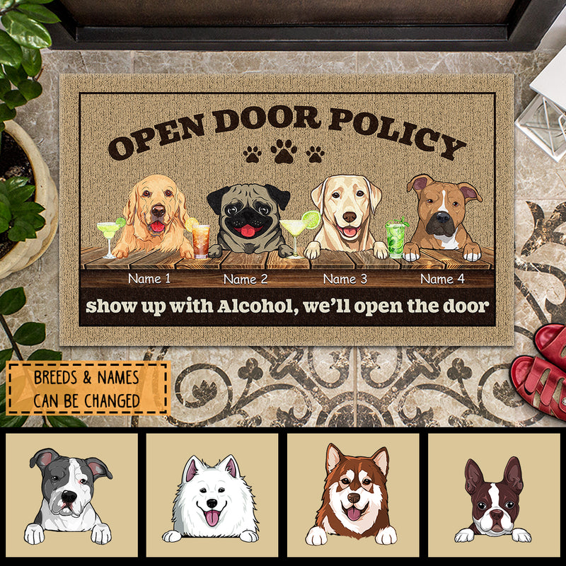 Open Door Policy Show Up With Alcohol We'll Open The Door, Personalized Dog Breeds Doormat, Gifts For Dog Lovers