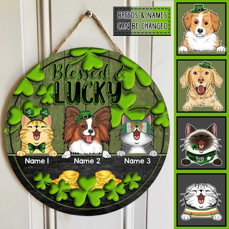 Blessed & Lucky, Shamrock & Gold Coin, Personalized Dog & Cat Door Sign, St. Patrick Day Front Door Decor