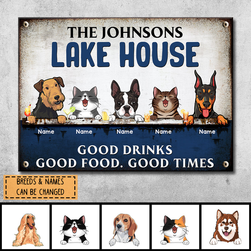 lake house decor Metal Lake House Sign, Gifts For Pet Lovers, Good Drinks Good Food Good Times Personalized Family Sign