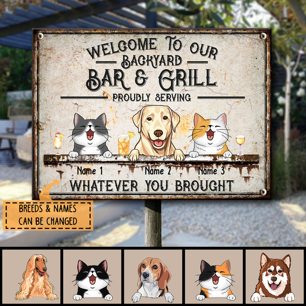 Welcome To Our Backyard Bar & Grill, Pet & Beverage Sign, Personalized Dog & Cat Metal Sign