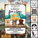 Campsite Bar & Grill Proudly Serving Whatever You Brought, Camping Sign, Personalized Dog & Cat Metal Sign
