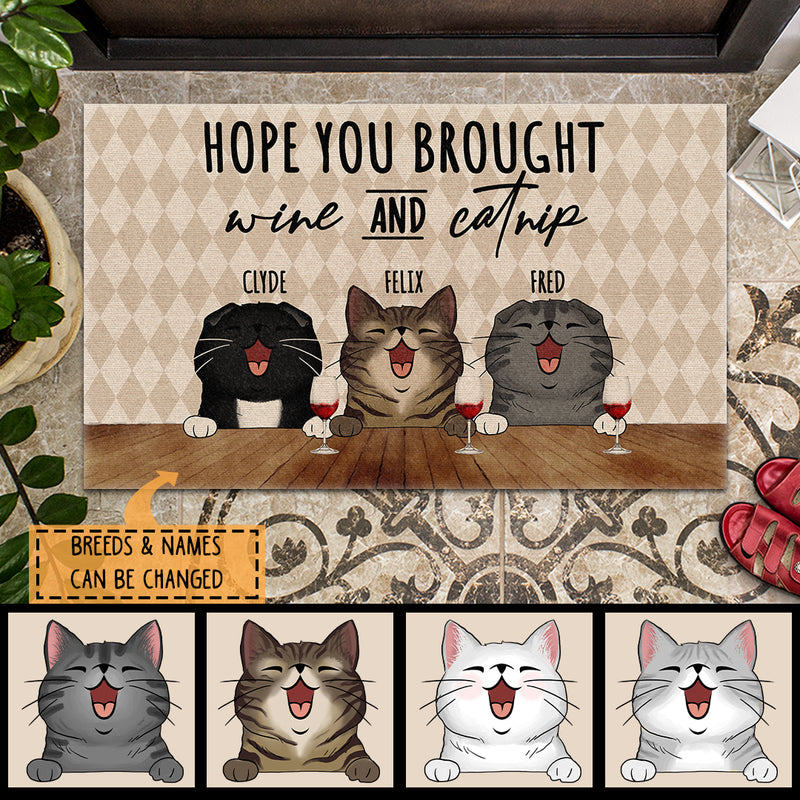 Hope You Brought Wine & Catnip, Diamond Pattern Doormat, Personalized Cat Breeds Doormat, Home Decor, Cat Lovers Gifts