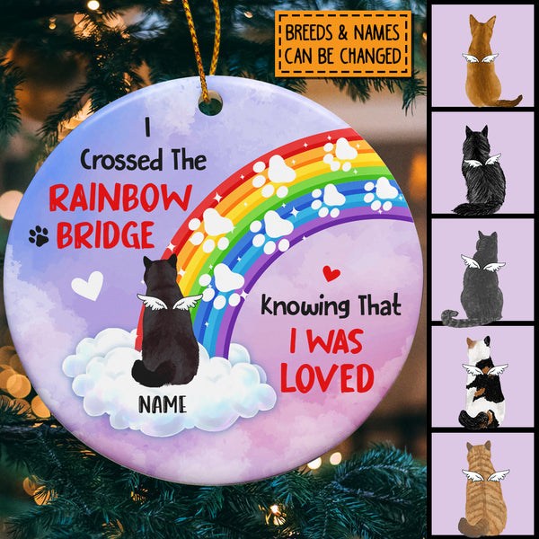 I Crossed The Rainbow Bridge, Rainbow Circle Ceramic Ornament, Personalized Cat Breeds Ornament, Pet Memorial Ornament