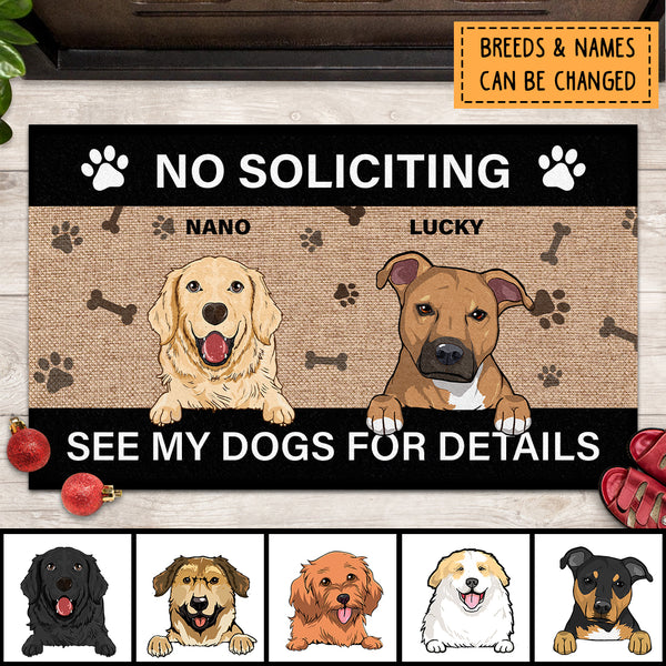 No Soliciting See My Dogs For Details, Pawprints And Bones, Personalized Dog Breeds Doormat, Gifts For Dog Lovers