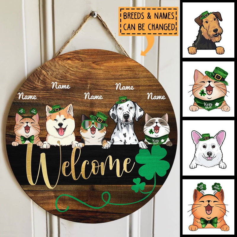 Welcome, Shamrock Wooden Door Hanger, Personalized Dog & Cat Door Sign, St. Patrick's Day Front Door Decor
