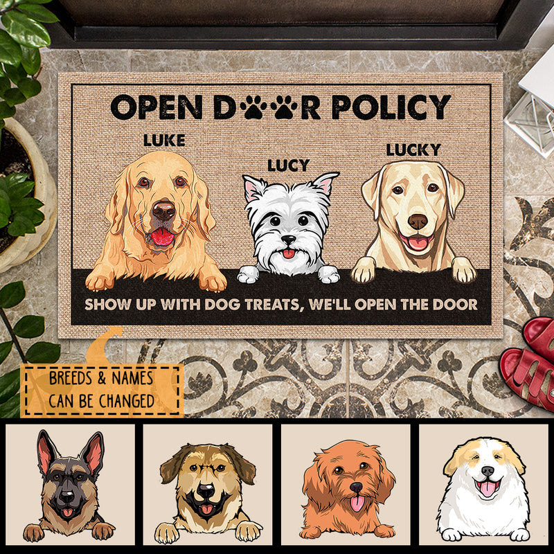 Open Door Policy Show Up Dog Treats We'll Open The Door, Personalized Dog Breeds Doormat, Dog Lovers Gifts, Home Decor