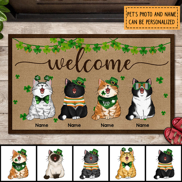 Welcome, Shamrock Doormat, Personalized Cat Breeds Doormat, St. Patrick Day Home Decor, Gifts For Cat Lovers