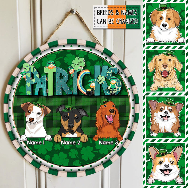 Happy St. Patrick's Day, Green Plaid Door Hanger, Personalized Dog Breeds Door Sign, Front Door Decor, Dog Lovers Gifts