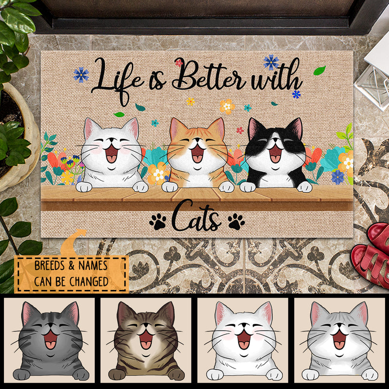 Personalized Cat Breeds Doormat, Gifts For Cat Lovers, Life Is Better With Cats Flower Home Decor