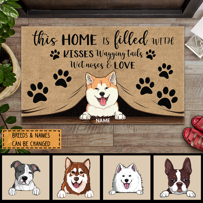 This Home Is Filled With Kisses Wagging Tails, Dog Peeking From Curtain, Personalized Dog Breeds Doormat, Home Decor