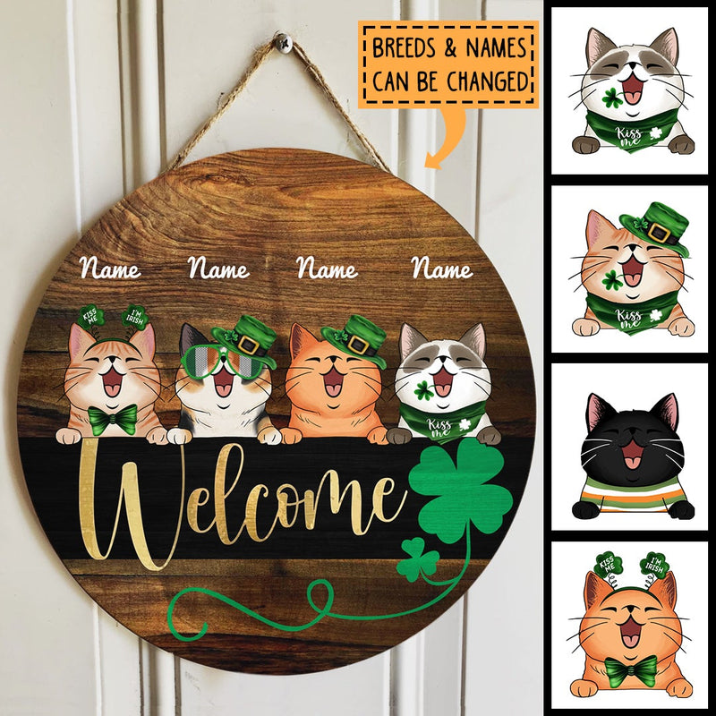 Welcome, Shamrock Wooden Door Hanger, Personalized Cat Breeds Door Sign, St. Patrick's Day Front Door Decor