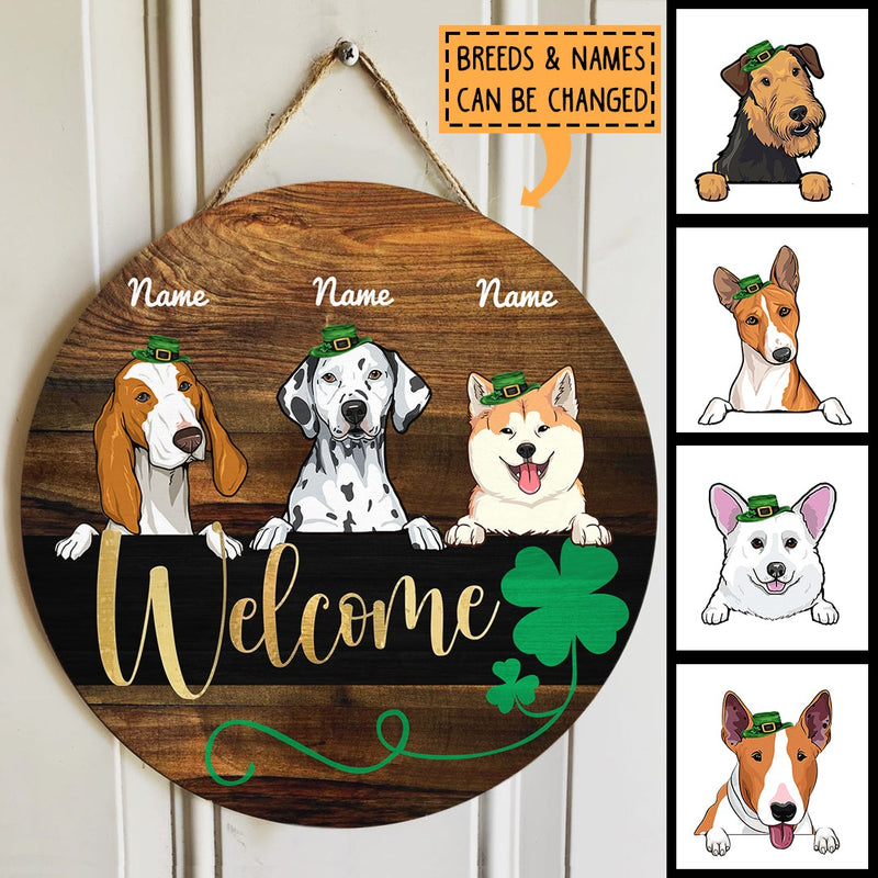 Welcome, Shamrock Wooden Door Hanger, Personalized Dog Breeds Door Sign, St. Patrick's Day Front Door Decor