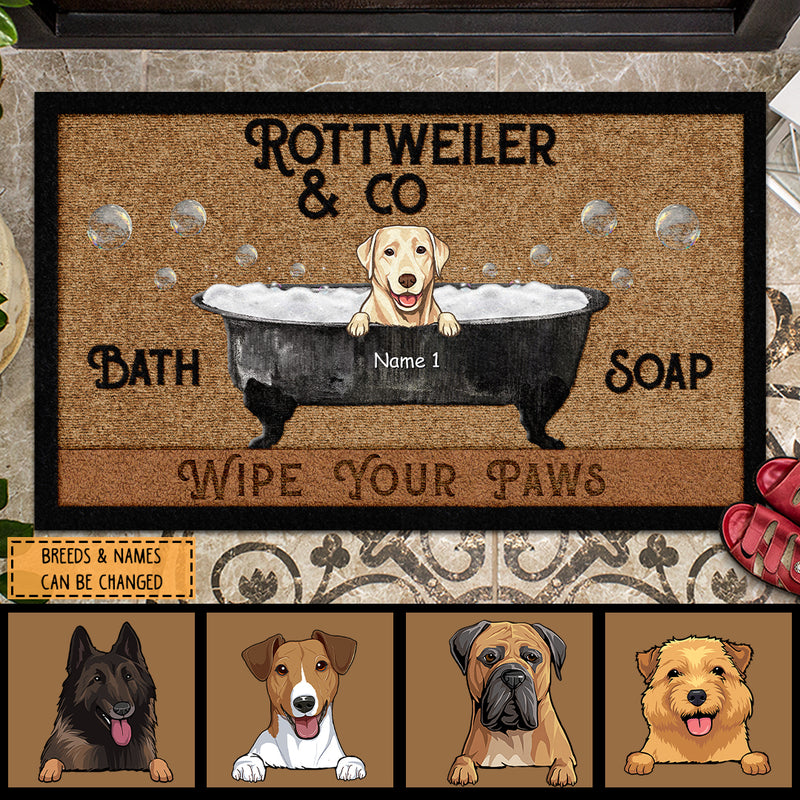 Wipe Your Paws, Dogs In A Bathtub, Brown Doormat, Personalized Dog Breeds Doormat, Gifts For Dog Lovers, Home Decor