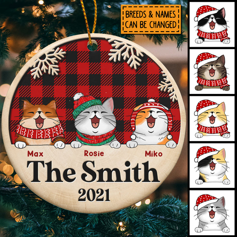 Buffalo Plaid Bauble, Personalized Cat Breed Circle Ceramic Ornament, Xmas For Cat Lovers, Christmas Tree Decor