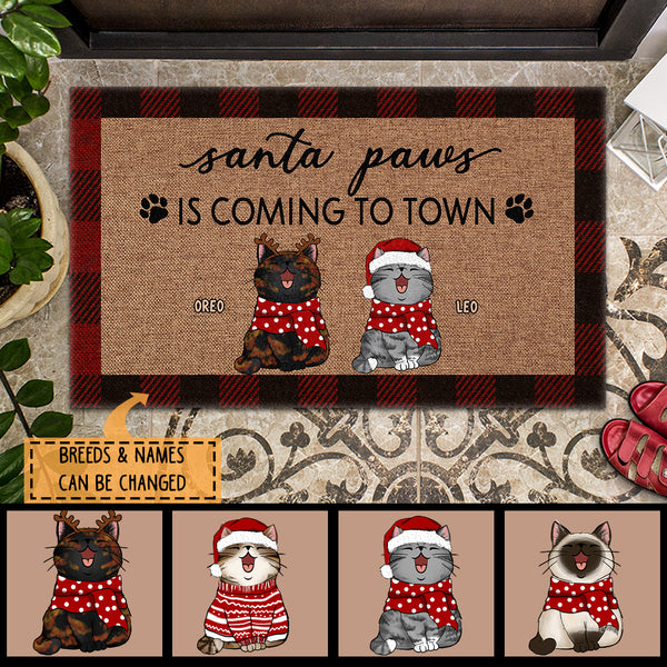 Santa Paws Is Coming To Town, Plaid Doormat, Personalized Cat Breeds Doormat, Xmas Gifts For Cat Lovers, Home Decor