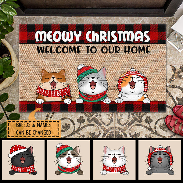 Meowy Christmas Welcome To Our Home, Plaid Doormat, Personalized Cat Breeds Doormat, Xmas Gifts For Cat Lovers