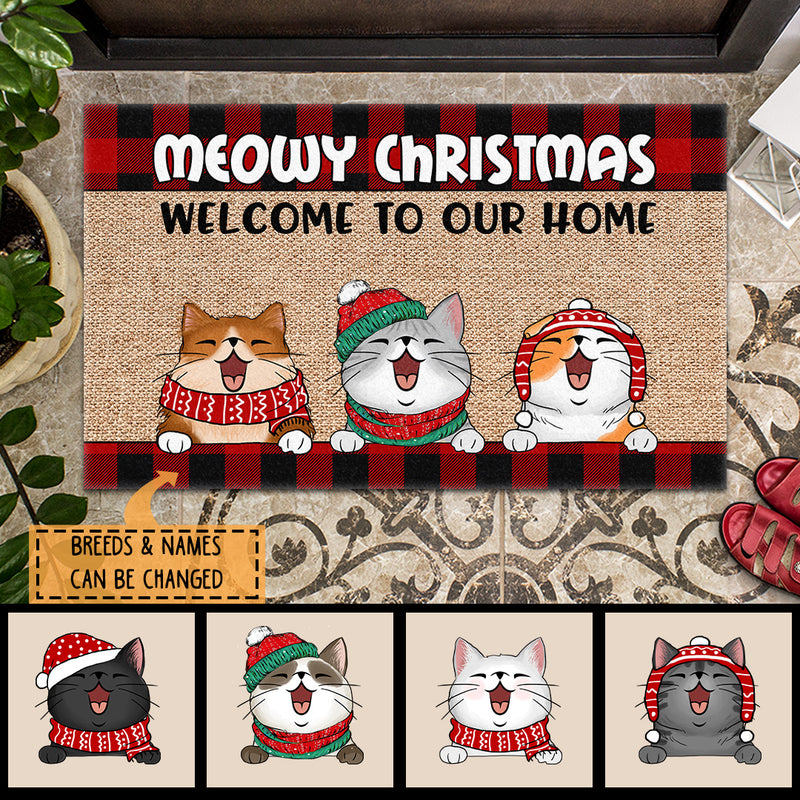 Meowy Christmas Welcome To Our Home, Plaid Doormat, Personalized Cat Breeds Doormat, Xmas Gifts For Cat Lovers