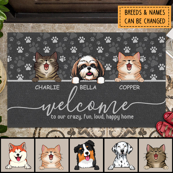 Welcome To Our Happy Home, Dark Doormat, Personalized Dog & Cat Doormat, Home Decor, Gifts For Pet Lovers