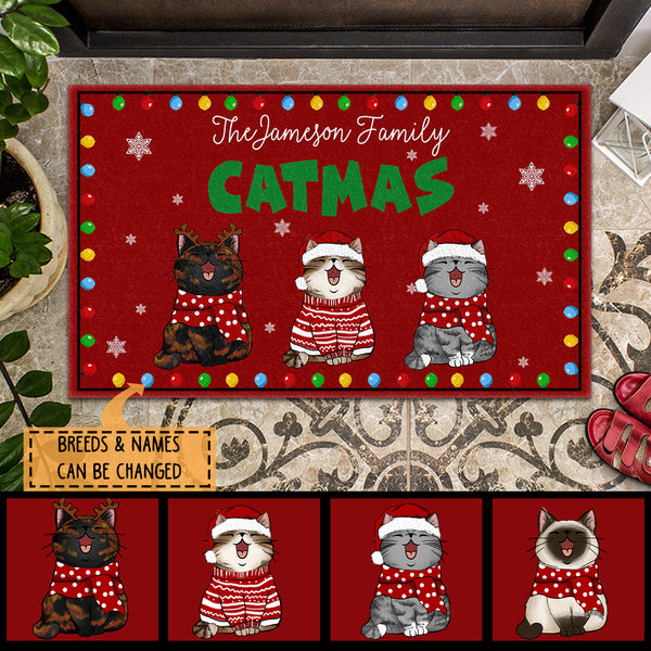 Meowy Catmas, Red Doormat, Personalized Cat Breeds Doormat, Xmas Gifts For Cat Lovers, Christmas Home Decor