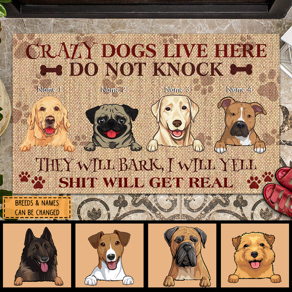 Crazy Dogs Live Here Do Not Knock They Will Bark, Red Pawprints, Personalized Dog Breeds Doormat, Gifts For Dog Lovers