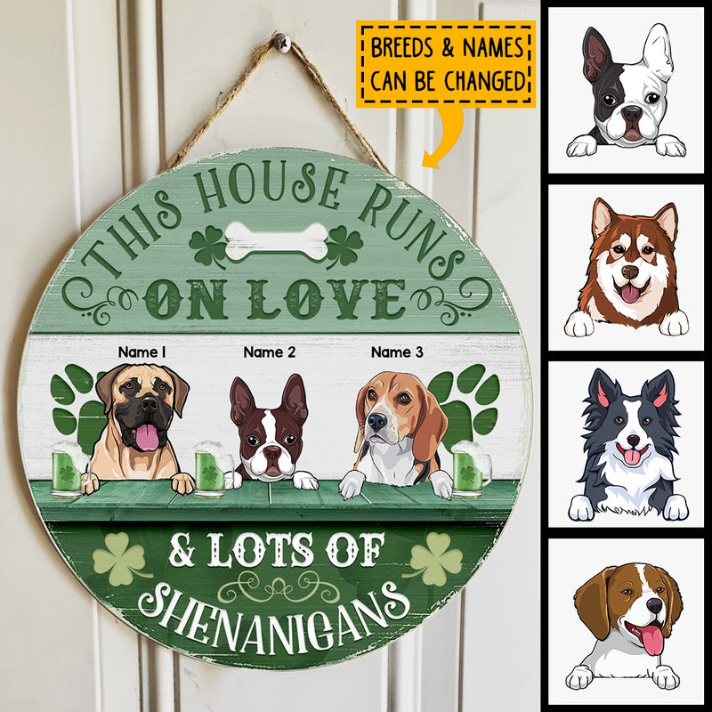 This House Runs On Love & Lots Of Shenanigans, Four-Leaf Clover Door Hanger, Personalized Dog Breeds Door Sign