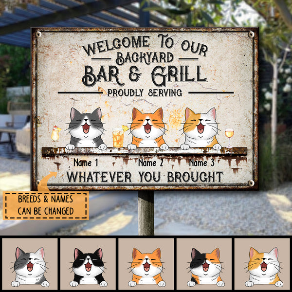 Welcome To Our Backyard Bar & Grill, Cat & Beverage Sign, Personalized Cat Breeds Metal Sign