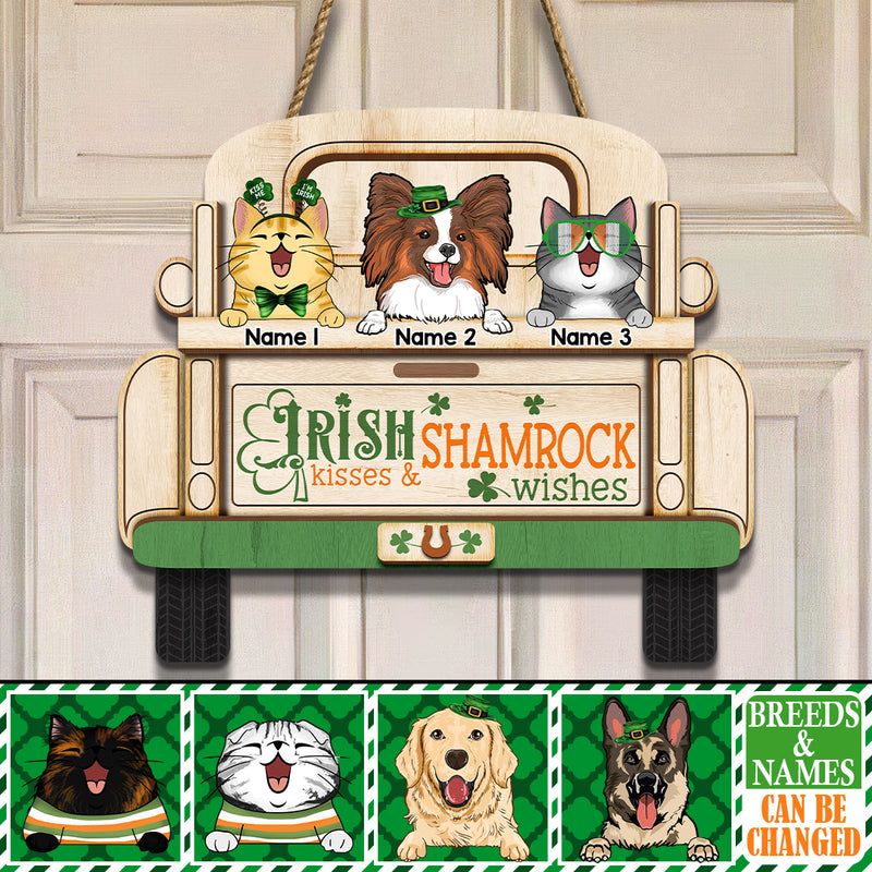 Irish Kisses & Shamrock Wishes, Pet On Truck, Personalized Dog & Cat Breeds Door Sign, St. Patrick Day Home Decor