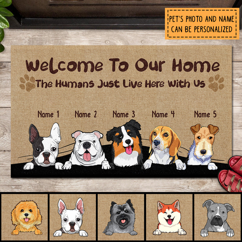 Welcome To Our Home, Dog Peeking From Curtain, Personalized Dog Breeds Doormat, Home Decor, Dog Lovers Gifts