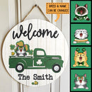 Welcome, Cat On Green Truck, Shamrock Sign, Personalized Cat Breeds Door Sign, St. Patrick Day Front Door Decor
