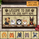 Welcome To Our Crazy Fun Loud Happy Home, Pawprint & Heart, Personalized Dog & Cat Doormat, Home Decor, Pet Lovers Gifts